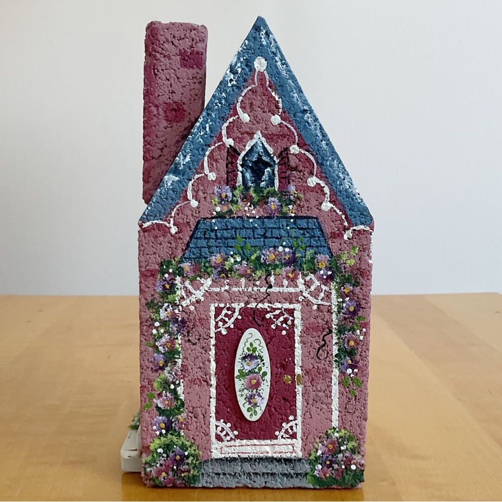 Vintage Hand Painted Brick Cottage Folk Art Decor Signed 1995
